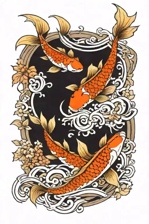 Koi Fish And Japanese Maple Leaves