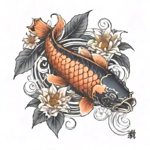 A Koi Fish Surrounded By A Flower Engulfed In Human Ribs