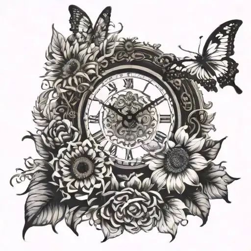 Sunflower & Butterflies & Grand Father Clock Surrounded