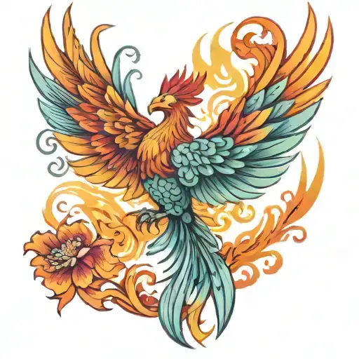 Phoenix Rising From Ashes Into Colorful Tattoo Design Incorporating