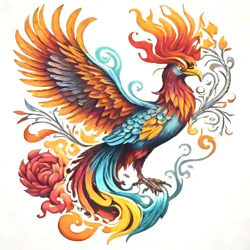 Phoenix Rising From Ashes Into Colorful Tattoo Design Incorporating