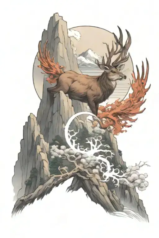 A Mythical Deer Looking At Mountains Landscape