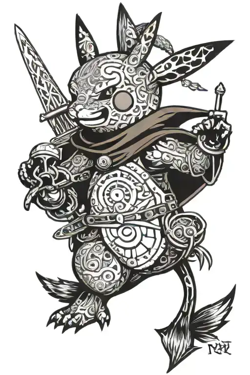Woodstock Riding Pikachu Wearing Sauron Armor Tattoo Wielding A Great Sword
