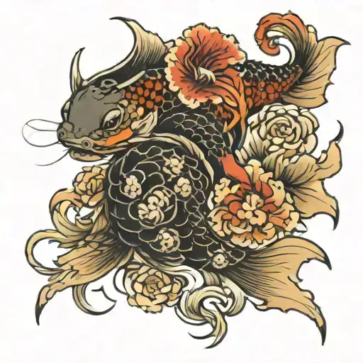 Koi Fish Flowers Dragon