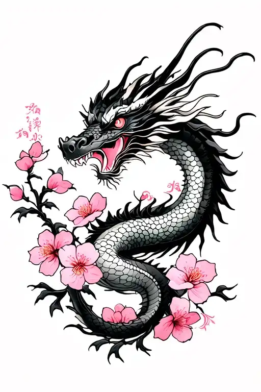 Dragon Cherry Blossom Black And White Pink