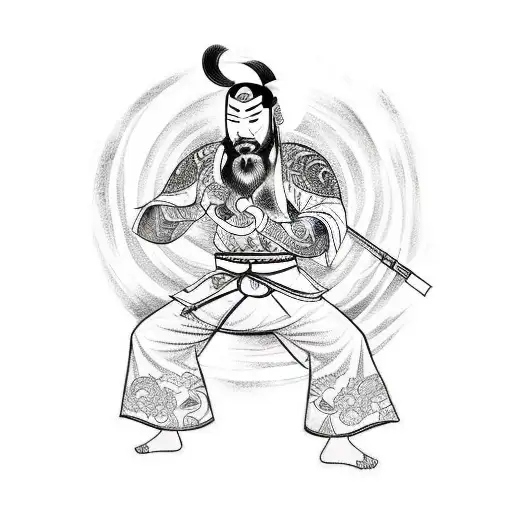 A Sketch-style Tattoo Of A Martial Arts Warrior Surrounded By Mythological Symbols