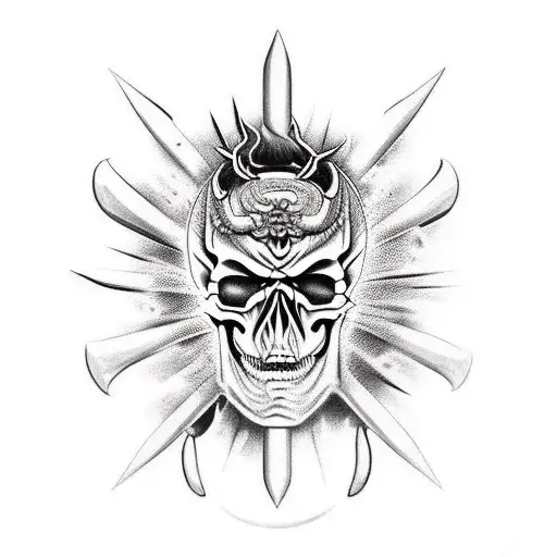 Skull Merged With Oni Mask Fire And Sacred Geometry Background Realism Knife And Pen Behing Skull