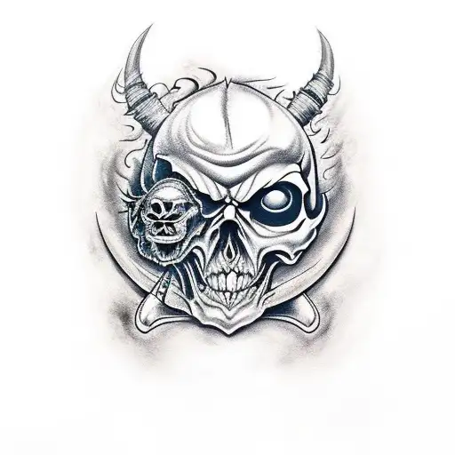 Burning Skull Wearing Broken Oni Mask With A Chef's Knife And Pencil Behind Realism Shadow Tribal