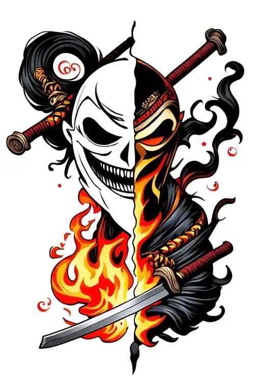 Japanese Ghost Mask Split In Half By A Sword On Fire From A Samurai