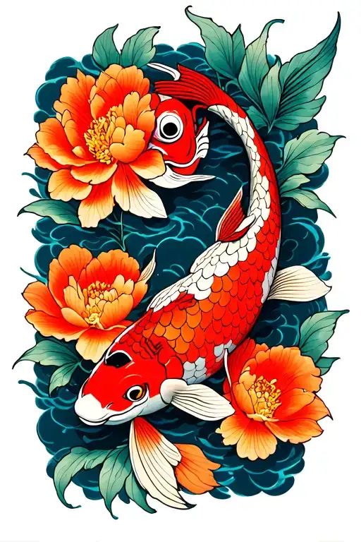 Koi Fish With Peonys And Oni Mask