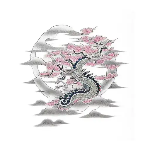 Dragon With Cherry Blossom Trees Around