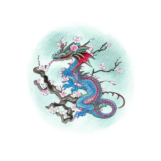 Small Dragon With Cherry Blossom Tree Beside