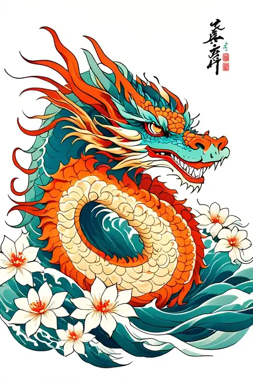 Dragon With Flowers And Waves