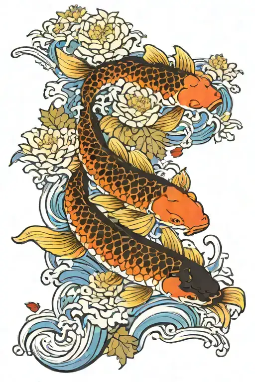2 Koi Fish Swimming Upstream In The Fall With Some Fallen Maple Leaves And A Chrysantheum