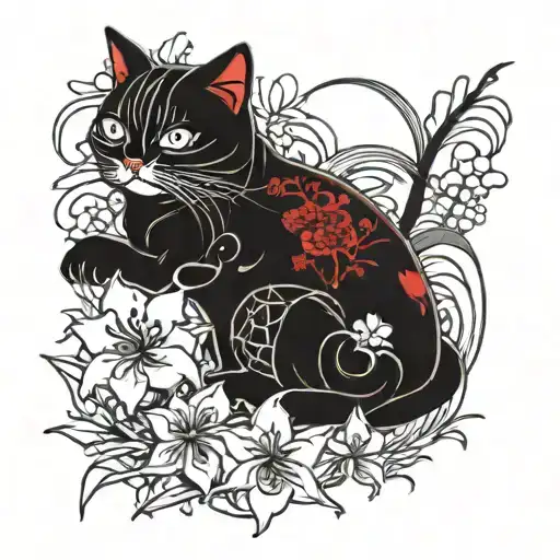 Black And Red Lucky Cat With Spider Lilies Scattered Throughout