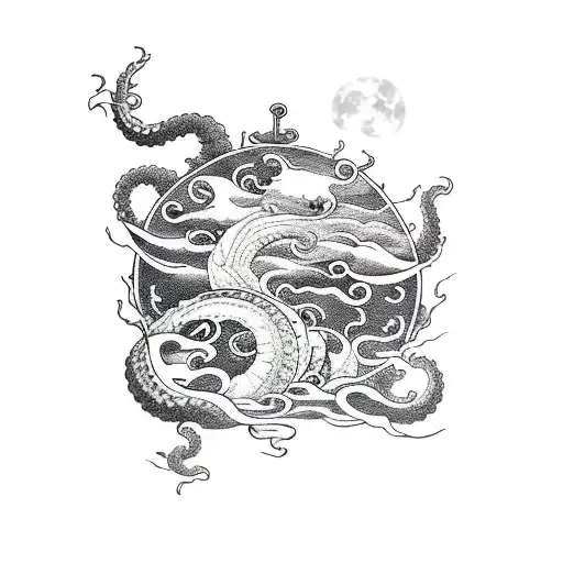 Kraken Attacking A Ship With A Large Full Moon As The Backdrop