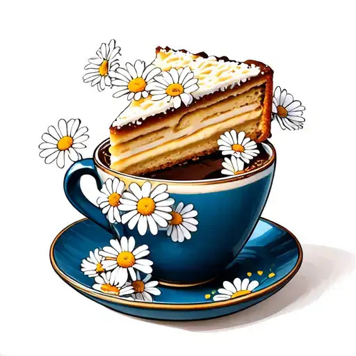 A Cup Of Coffee With Cake Slice Covered In Daisies