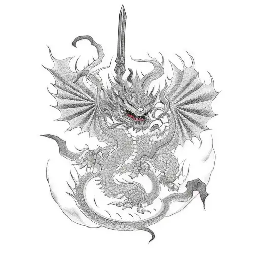 Asura With Bow And Sword With Dragon Behind