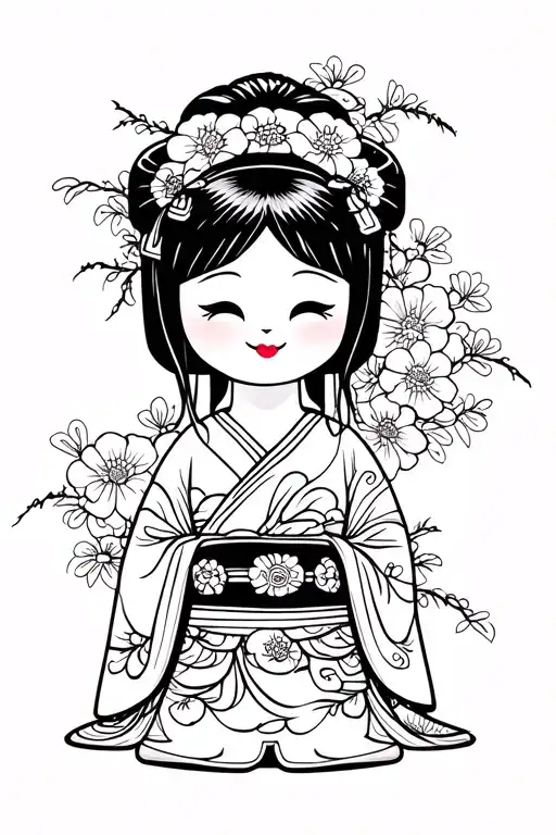Japanese Kokeshi Doll Tattoo Smile Black Hair