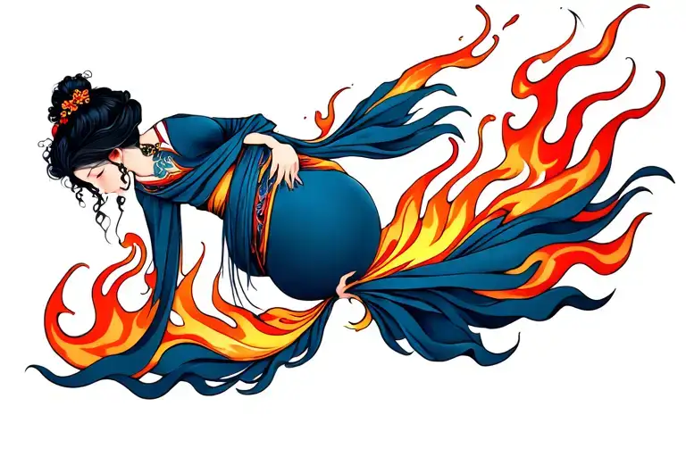 Only Pregnant Woman Fire Flames Only Her Belly
