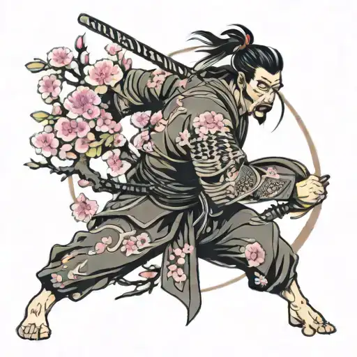 A Samurai Warrior And A Cherry Blossom Tree