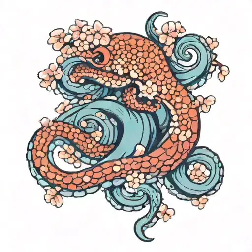Blue Octopus Wrapped Loosely Around A Cherry Blossom