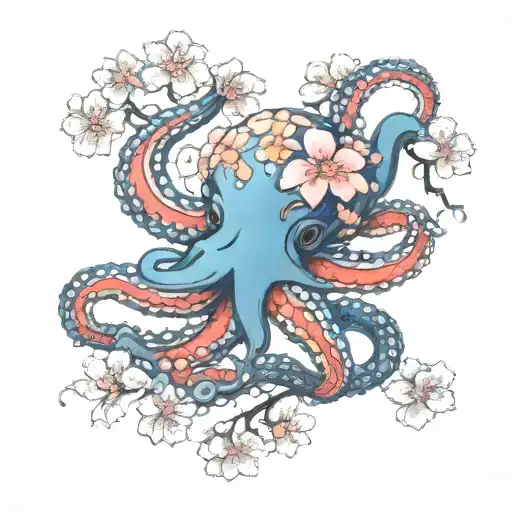 Blue Octopus Holding Around A Cherry Blossom Petals Falling