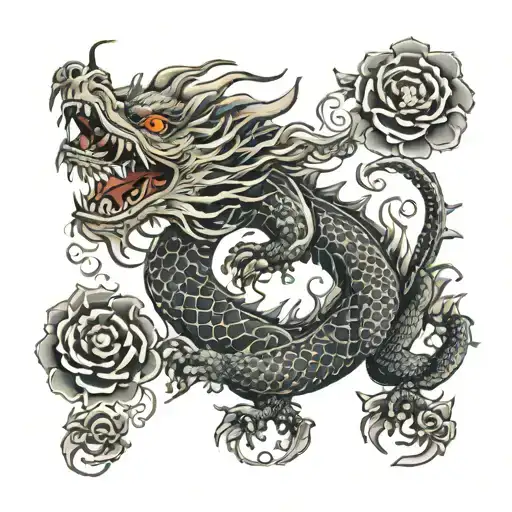 Tattoo Of Dragon Surrounded By Flowers From Hell