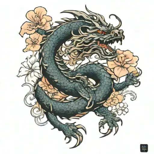 Tattoo Of Dragon Surrounded By Flowers From Hell