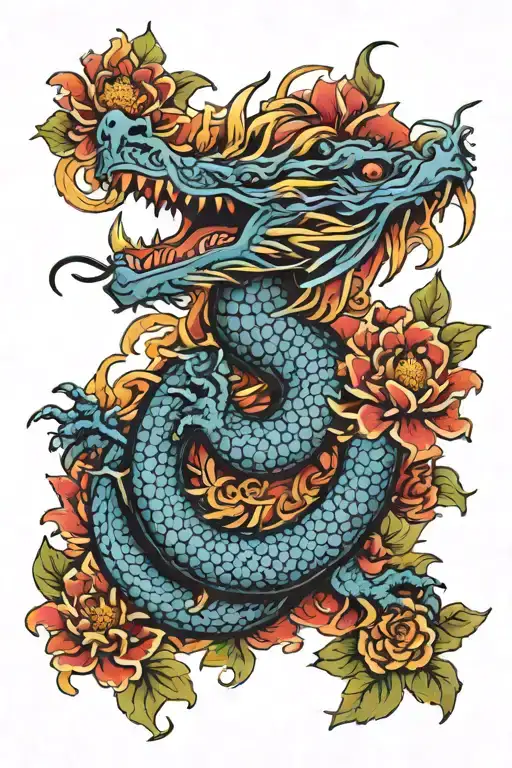 Tattoo Of Dragon Surrounded By Flowers From Hell