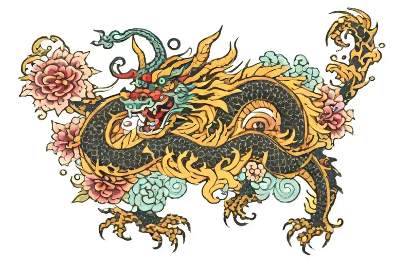 Tattoo Of Dragon Surrounded By Flowers From Hell