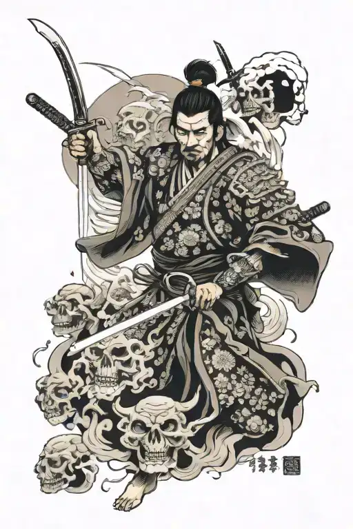 Samurai Warrior Wielding A Sword Surrounded By Dead Spirits