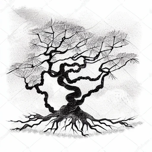 Bunsai Tree On A Patch Of Land With Roots Sticking Out The Bottom Asian Style