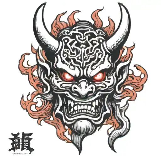 Burning Oni Mask Black And White With Red Flames