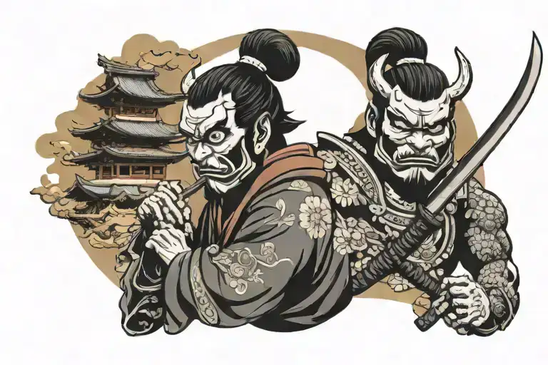 Japanese Temple With Samurai And A Smoke Background With Oni Mask