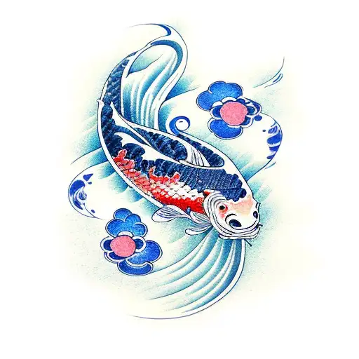 Koi Fish With Waves In Japanese Style