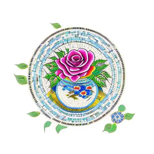 Mosaic Tile Drawing Of A Rose In A Glass Jar With Petals Falling