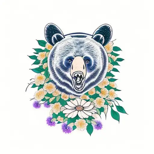 Black Bear Head Surrounded By Mountain Laurel Flowers