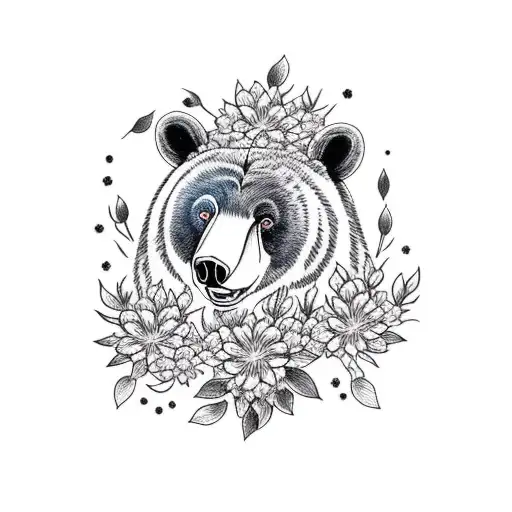 Black Bear Head Surrounded By Rhododendron Flowers