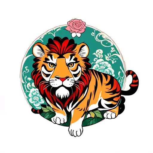 Lion And Tiger With Rose