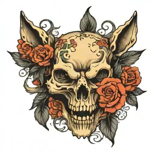 Wolf Crow Skull Roses Blooming