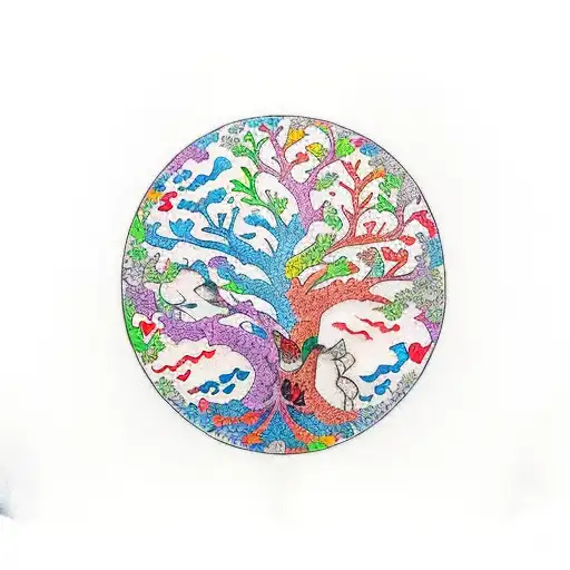 A Colorful Tree Of Life In Th Shape Of A Heart With Musical Notes As Leaves And 3 Birds Flying Away