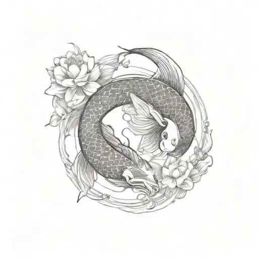 Koi Fish With Crescent Moon And Lotus Flower