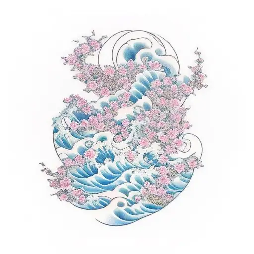 Water Wave With The Going Mary Flowing Inside With Cherry Blossoms And Hawaiian Flowers