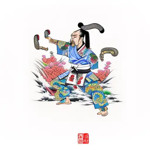 A Martial Arts Warrior Surrounded By Vibrant Colored Plants