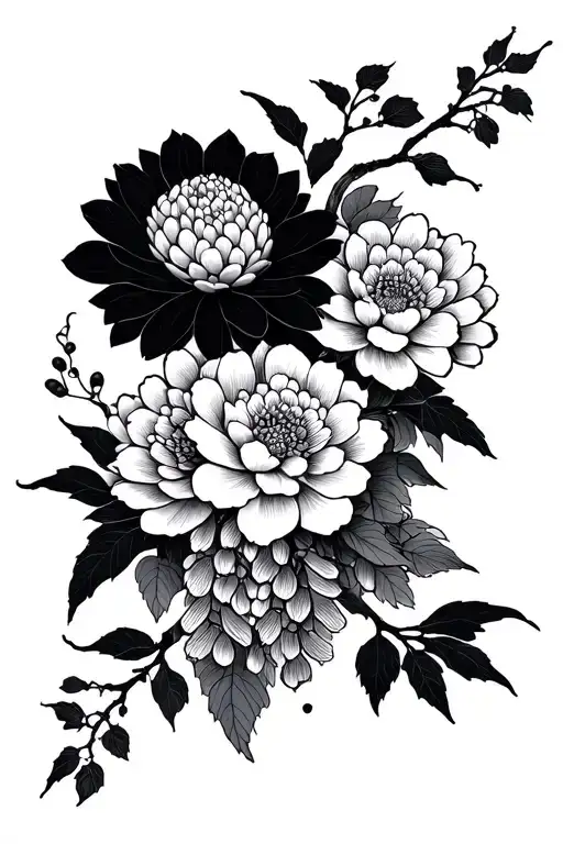 Grey And Black Japanese Traditional With Wisteria Flowers And Chrysanthemum Flowers