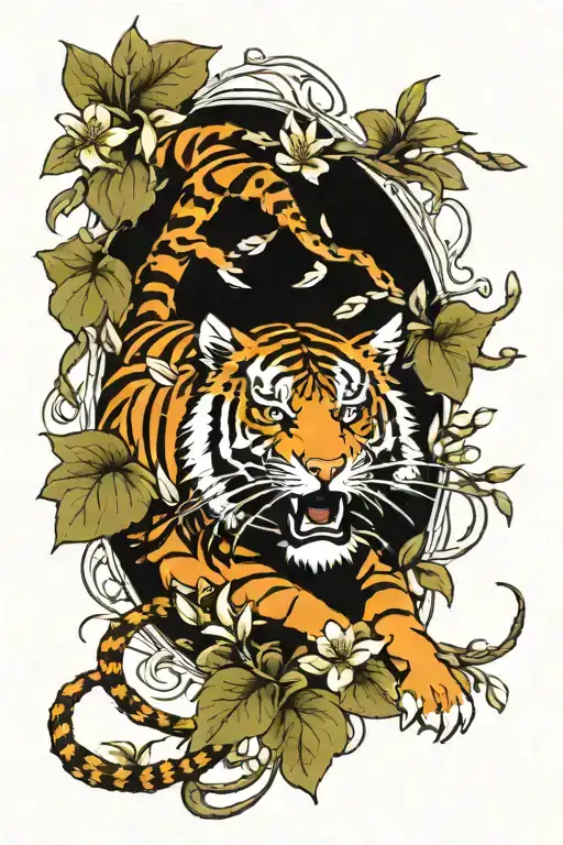 A Spine Tattoo Of A Tiger On Branches Surrounded By Lilies And Baby Breaths