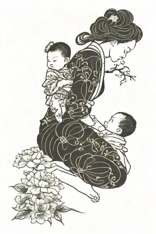 Fine Line Silhouette Mom And Baby Girl