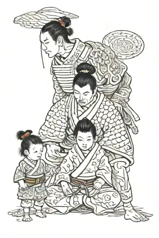 Samurai Warrior With Child And Wife Holding Hands