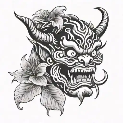 Oni Mask With Lilly Flower In Mouth Black And White